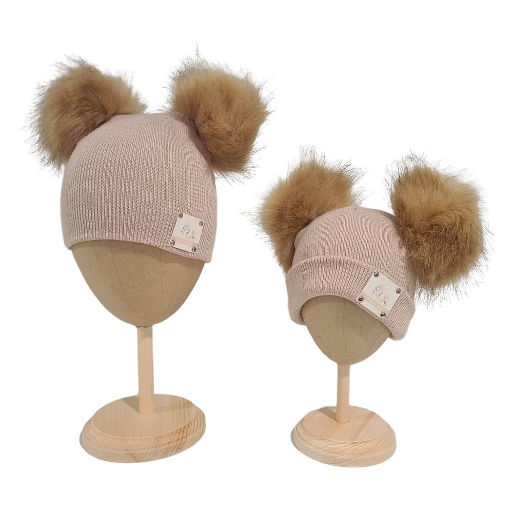 Ryver Knit Beanie With Double Pom Poms, Beige